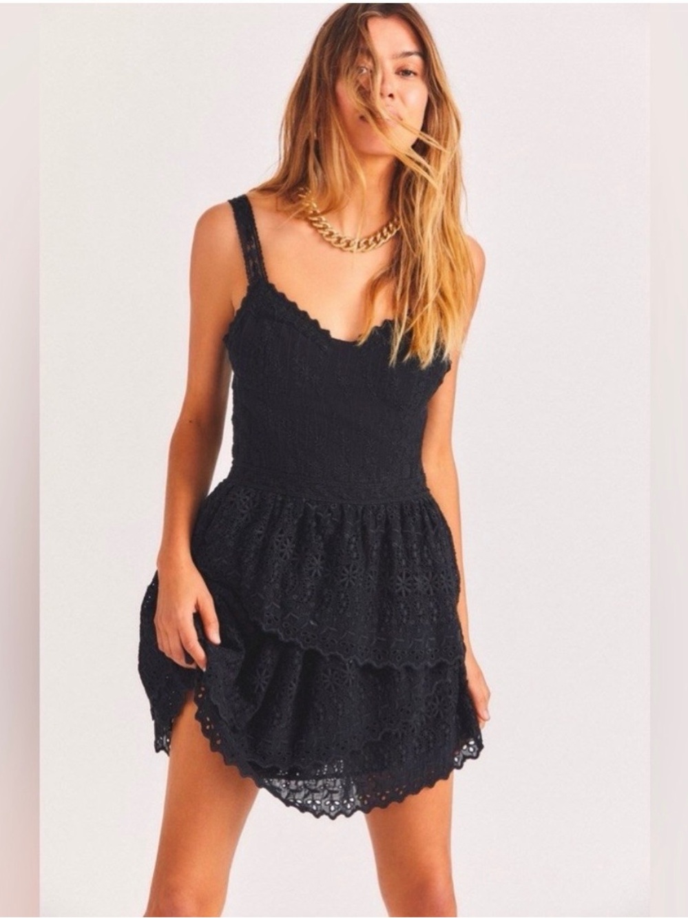 LoveShackFancy Black Lace Tiered Mini Dress